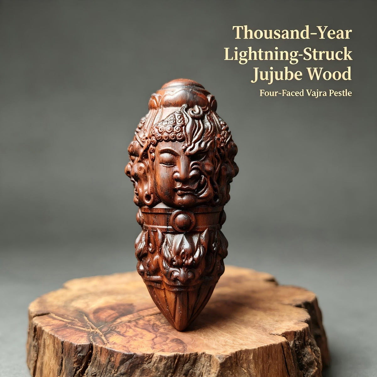 Thousand‑Year Lightning‑Struck Jujube Wood Four‑Faced Decorative Vajra Pestle, Unique Oriental Ancient Timber Collectible | FORTIDEAL