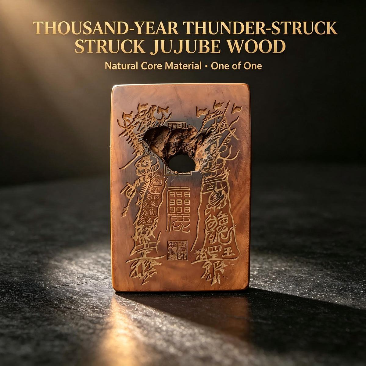 Thousand‑Year Thunder‑Struck Jujube Wood Talisman Pendant, Dual‑Sided Daoist Rune Amulet 60×40mm | FORTIDEAL