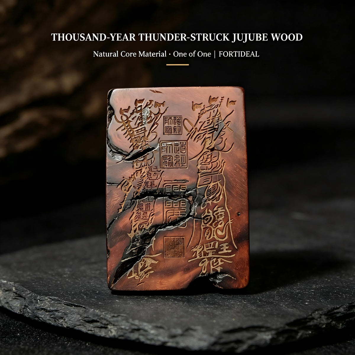 Thousand‑Year Thunder‑Struck Jujube Wood Talisman Pendant, Dual‑Sided Daoist Rune Amulet 60×40mm | FORTIDEAL