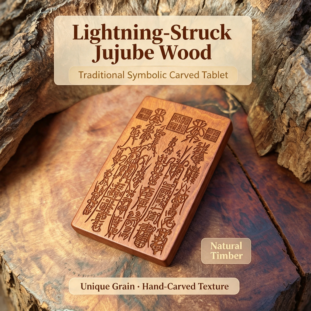 Lightning-Struck Jujube Wood Engraved Symbol Tablet, Natural Decorative Wood Ornament | FORTIDEAL
