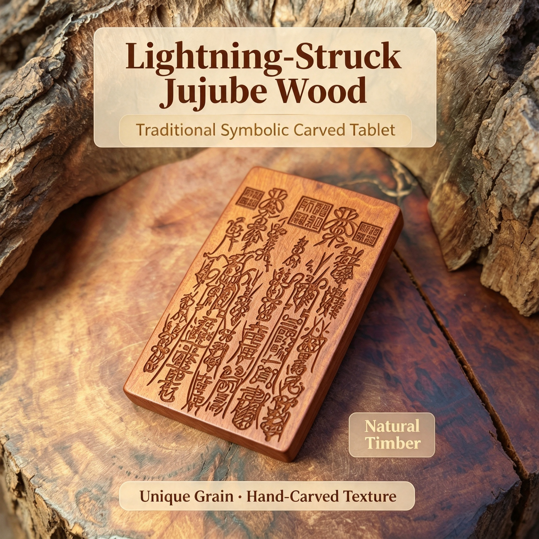 Lightning-Struck Jujube Wood Engraved Symbol Tablet, Natural Decorative Wood Ornament | FORTIDEAL