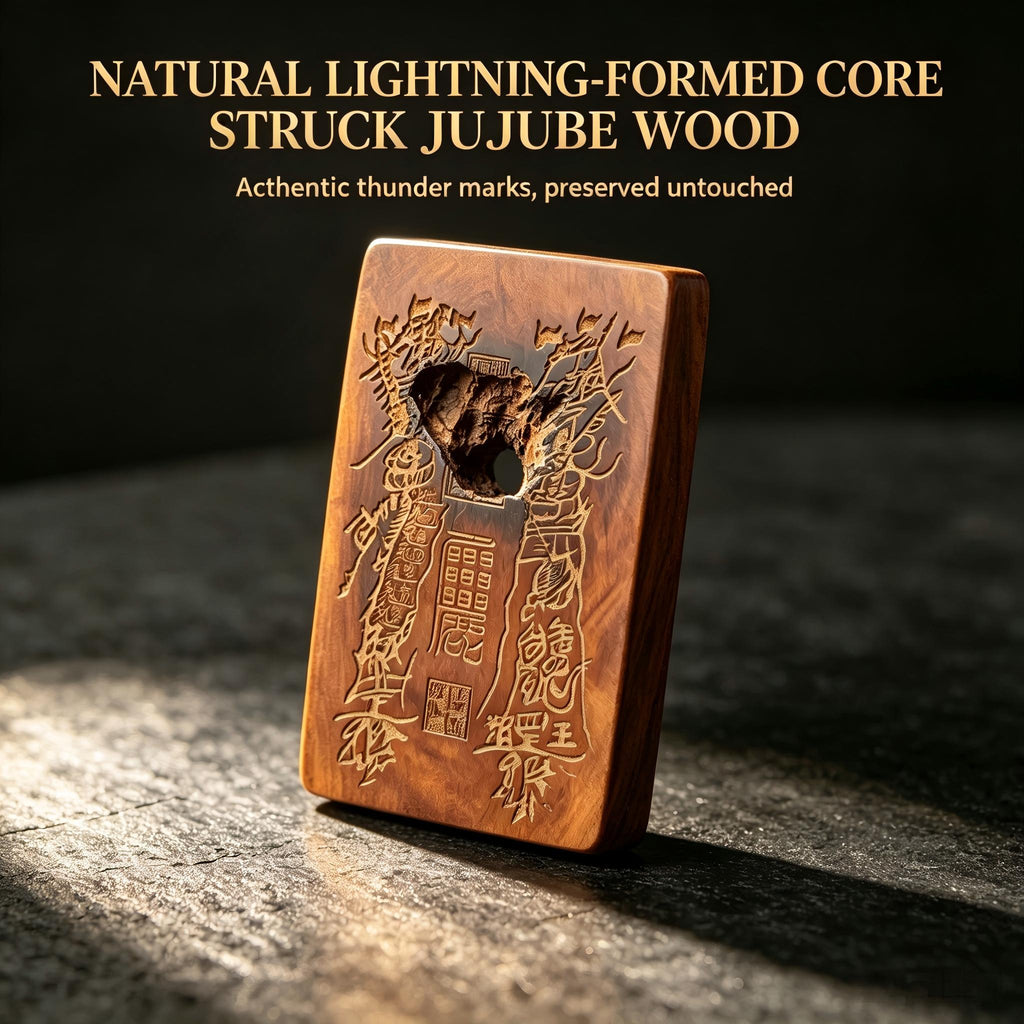Thousand‑Year Thunder‑Struck Jujube Wood Talisman Pendant, Dual‑Sided Daoist Rune Amulet 60×40mm | FORTIDEAL