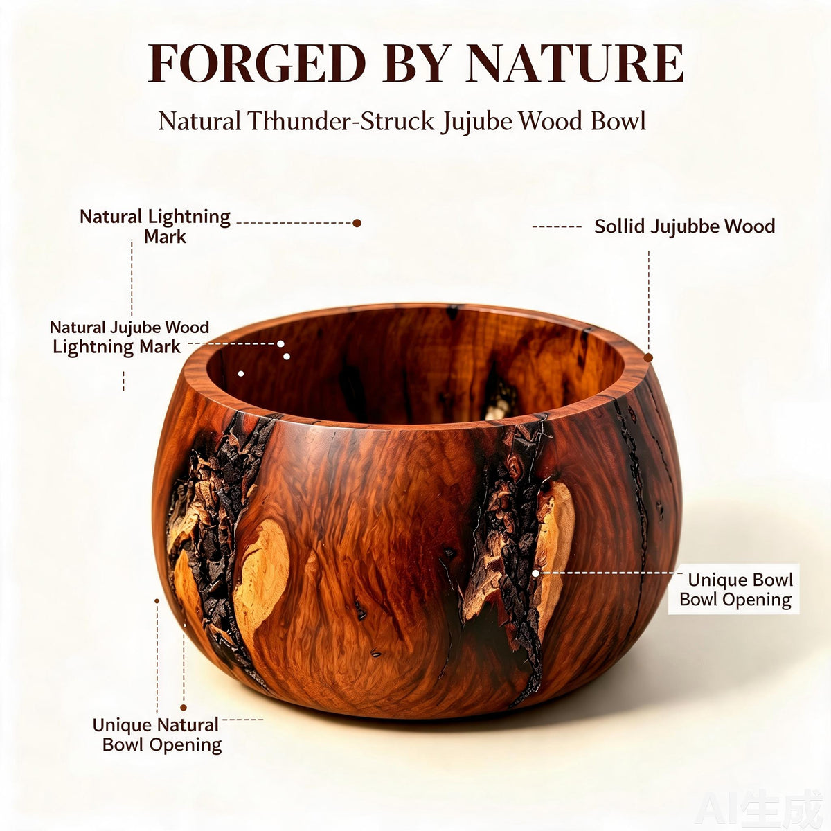Natural Thunder‑Struck Jujube Wood Treasure Bowl｜FORTIDEAL