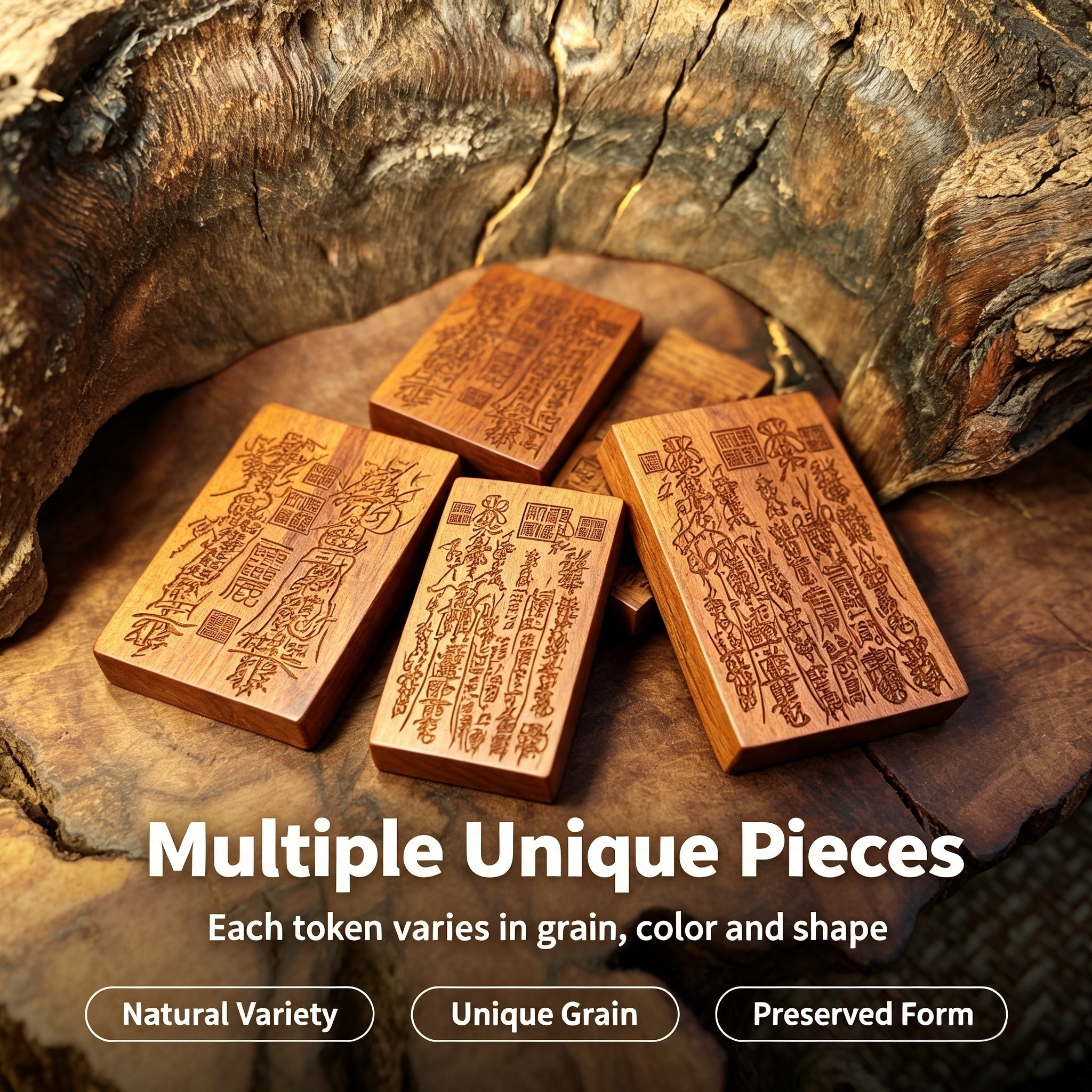 Lightning-Struck Jujube Wood Engraved Symbol Tablet, Natural Decorative Wood Ornament | FORTIDEAL