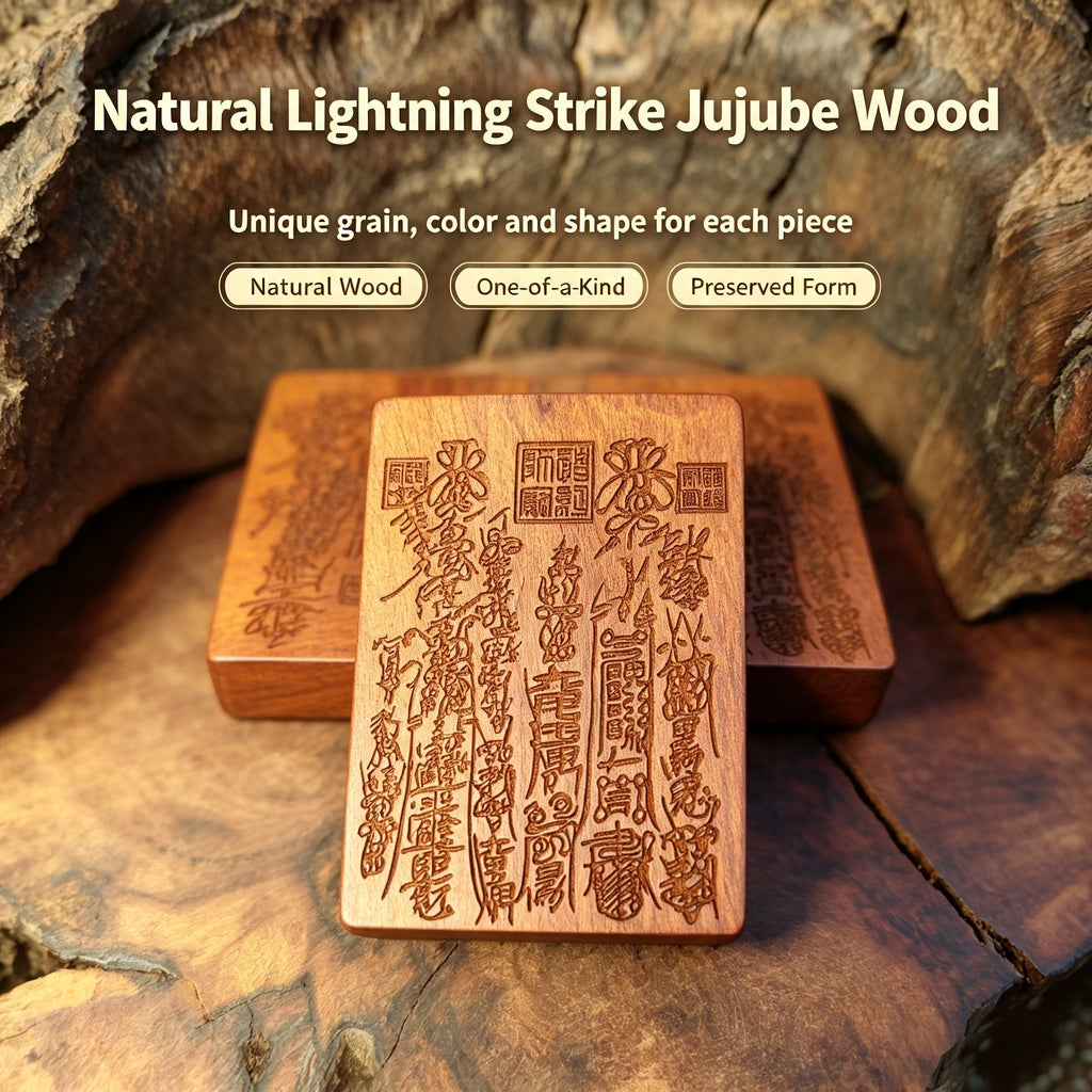 Lightning-Struck Jujube Wood Engraved Symbol Tablet, Natural Decorative Wood Ornament | FORTIDEAL