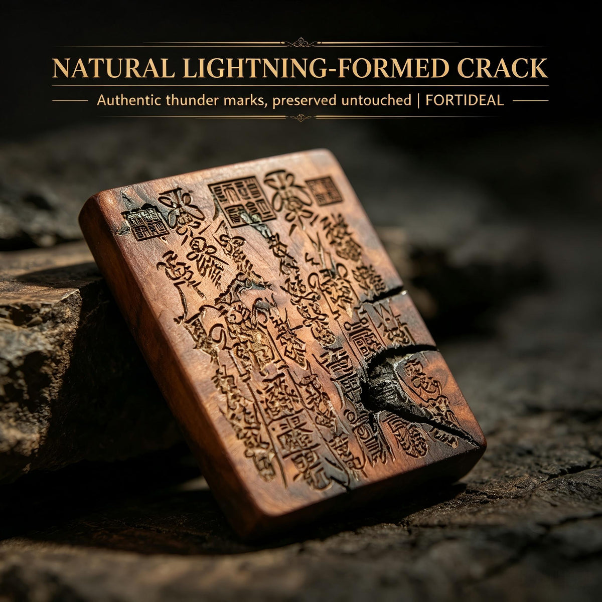 Thousand‑Year Thunder‑Struck Jujube Wood Talisman Pendant, Dual‑Sided Daoist Rune Amulet 60×40mm | FORTIDEAL
