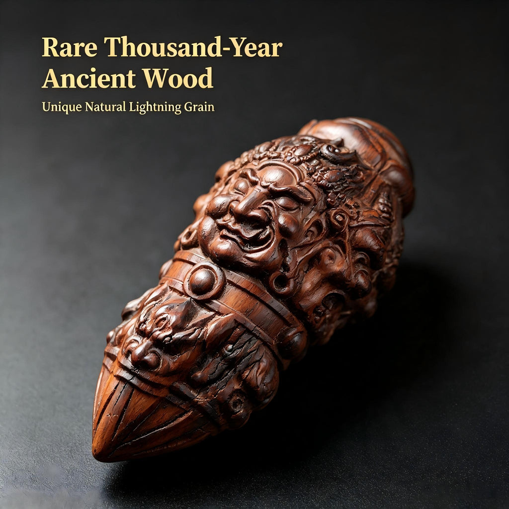 Thousand‑Year Lightning‑Struck Jujube Wood Four‑Faced Decorative Vajra Pestle, Unique Oriental Ancient Timber Collectible | FORTIDEAL