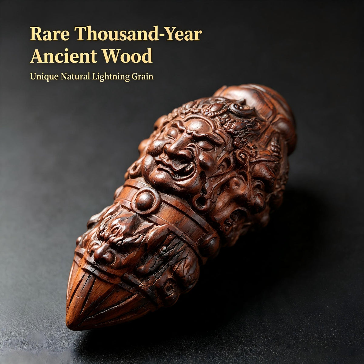Thousand‑Year Lightning‑Struck Jujube Wood Four‑Faced Decorative Vajra Pestle, Unique Oriental Ancient Timber Collectible | FORTIDEAL