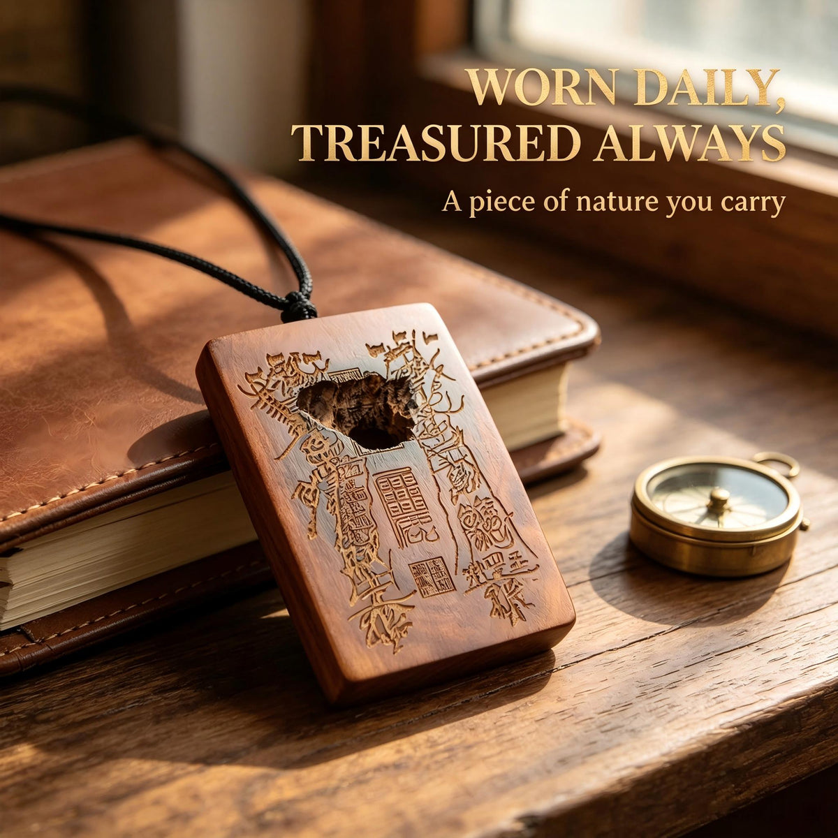 Thousand‑Year Thunder‑Struck Jujube Wood Talisman Pendant, Dual‑Sided Daoist Rune Amulet 60×40mm | FORTIDEAL