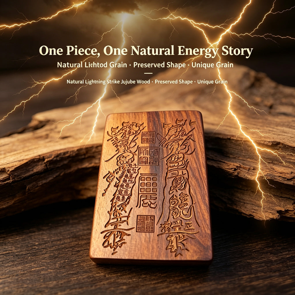 Lightning-Struck Jujube Wood Engraved Symbol Tablet, Natural Decorative Wood Ornament | FORTIDEAL