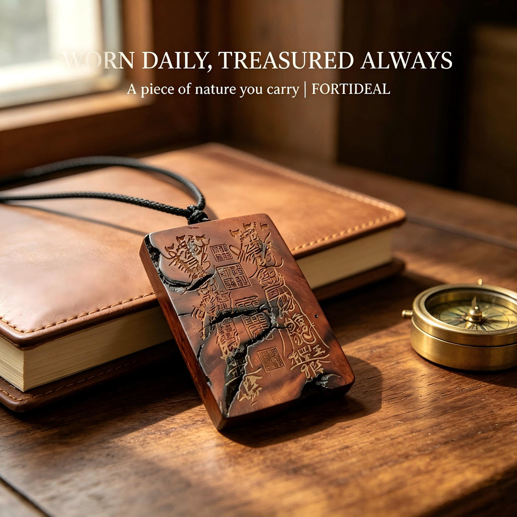 Thousand‑Year Thunder‑Struck Jujube Wood Talisman Pendant, Dual‑Sided Daoist Rune Amulet 60×40mm | FORTIDEAL