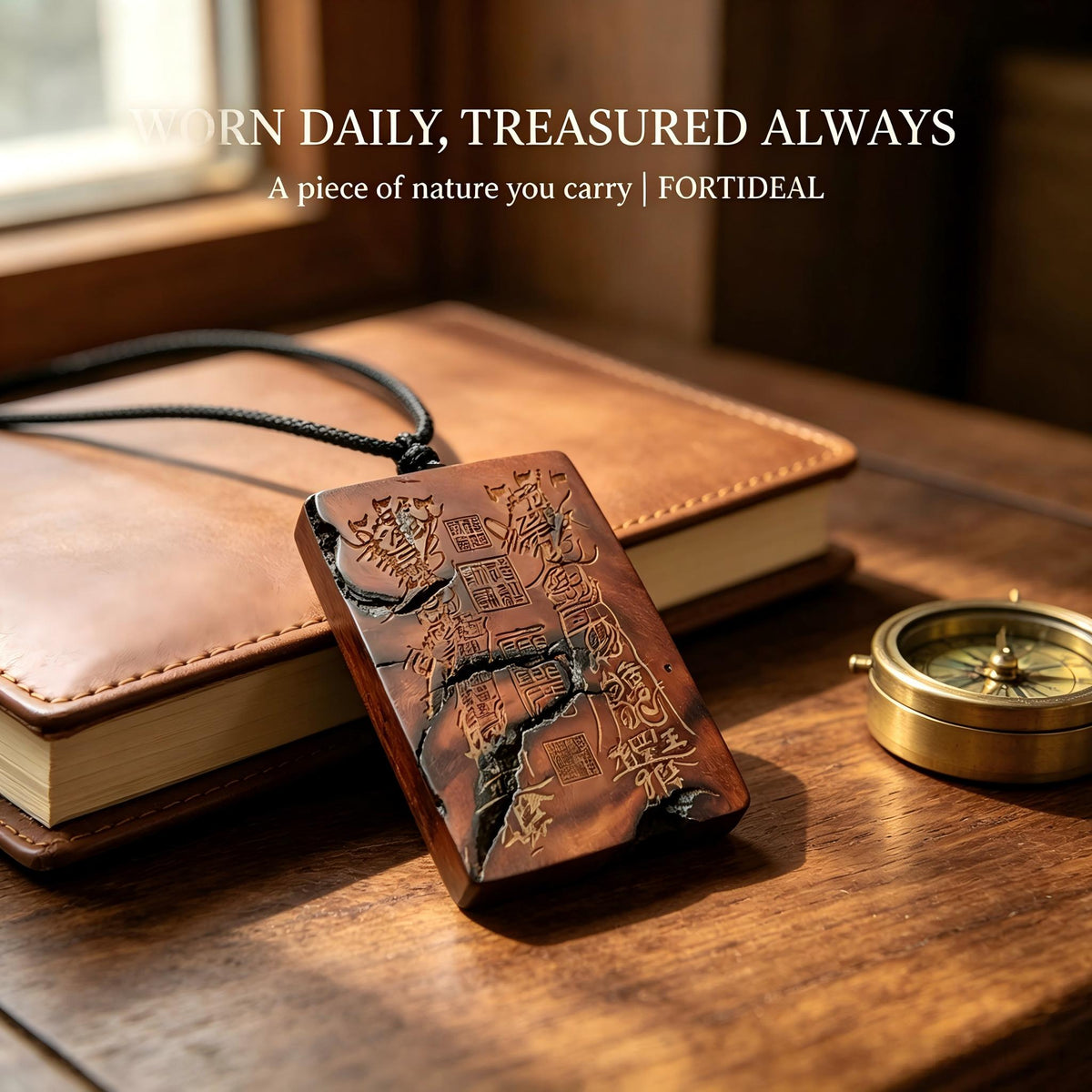 Thousand‑Year Thunder‑Struck Jujube Wood Talisman Pendant, Dual‑Sided Daoist Rune Amulet 60×40mm | FORTIDEAL