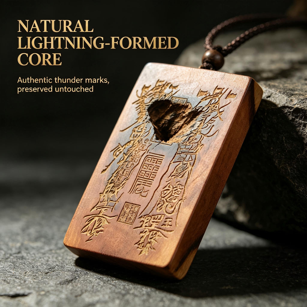 Thousand‑Year Thunder‑Struck Jujube Wood Talisman Pendant, Dual‑Sided Daoist Rune Amulet 60×40mm | FORTIDEAL