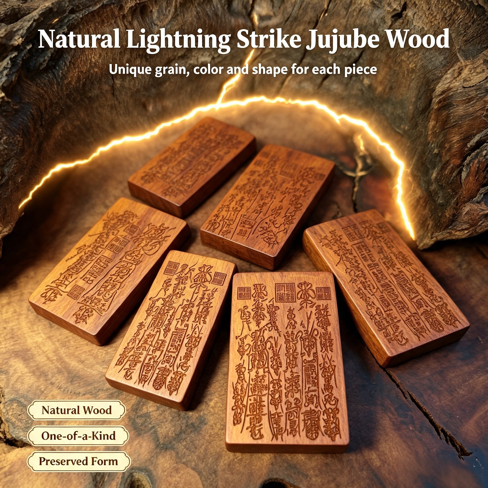 Lightning-Struck Jujube Wood Engraved Symbol Tablet, Natural Decorative Wood Ornament | FORTIDEAL