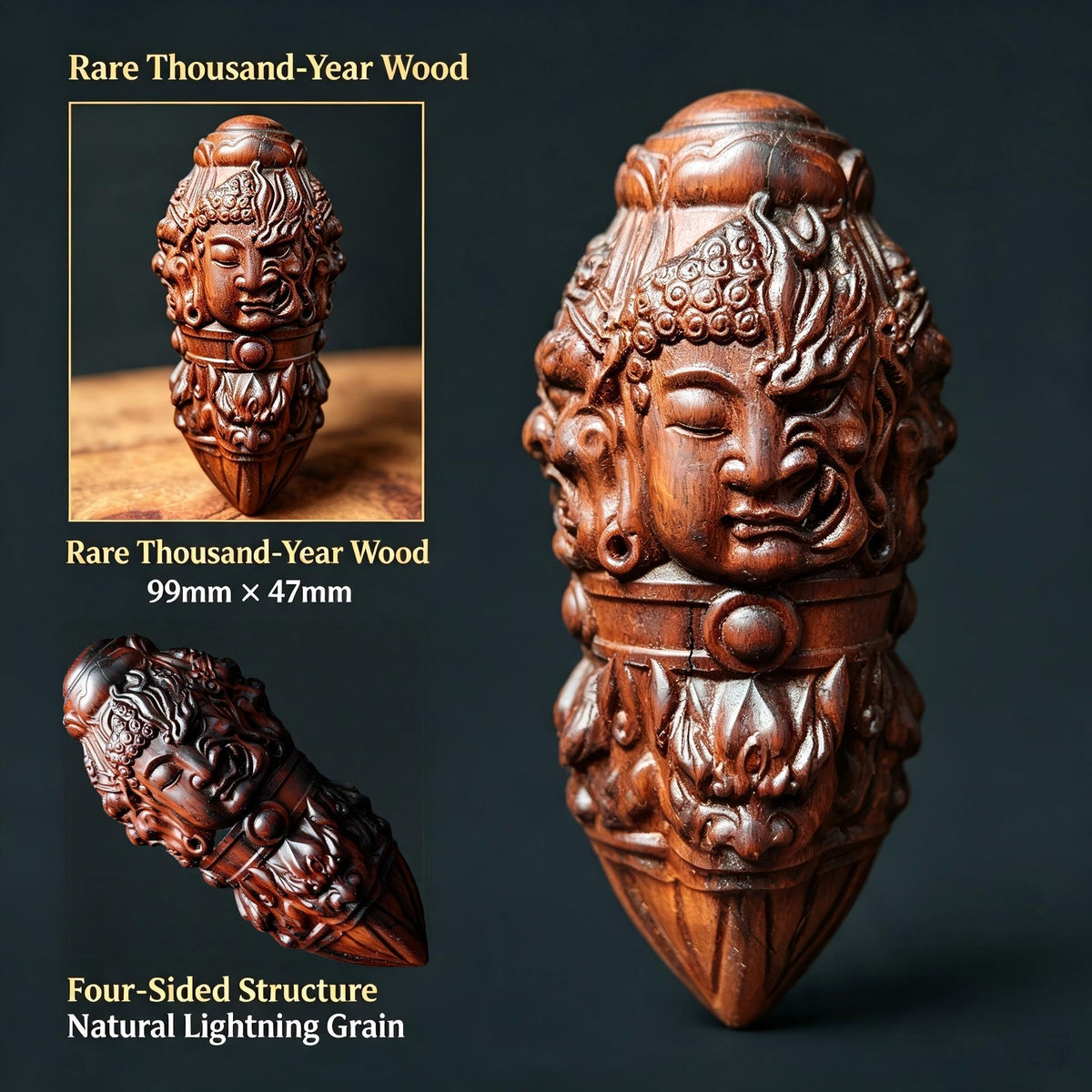 Thousand‑Year Lightning‑Struck Jujube Wood Four‑Faced Decorative Vajra Pestle, Unique Oriental Ancient Timber Collectible | FORTIDEAL