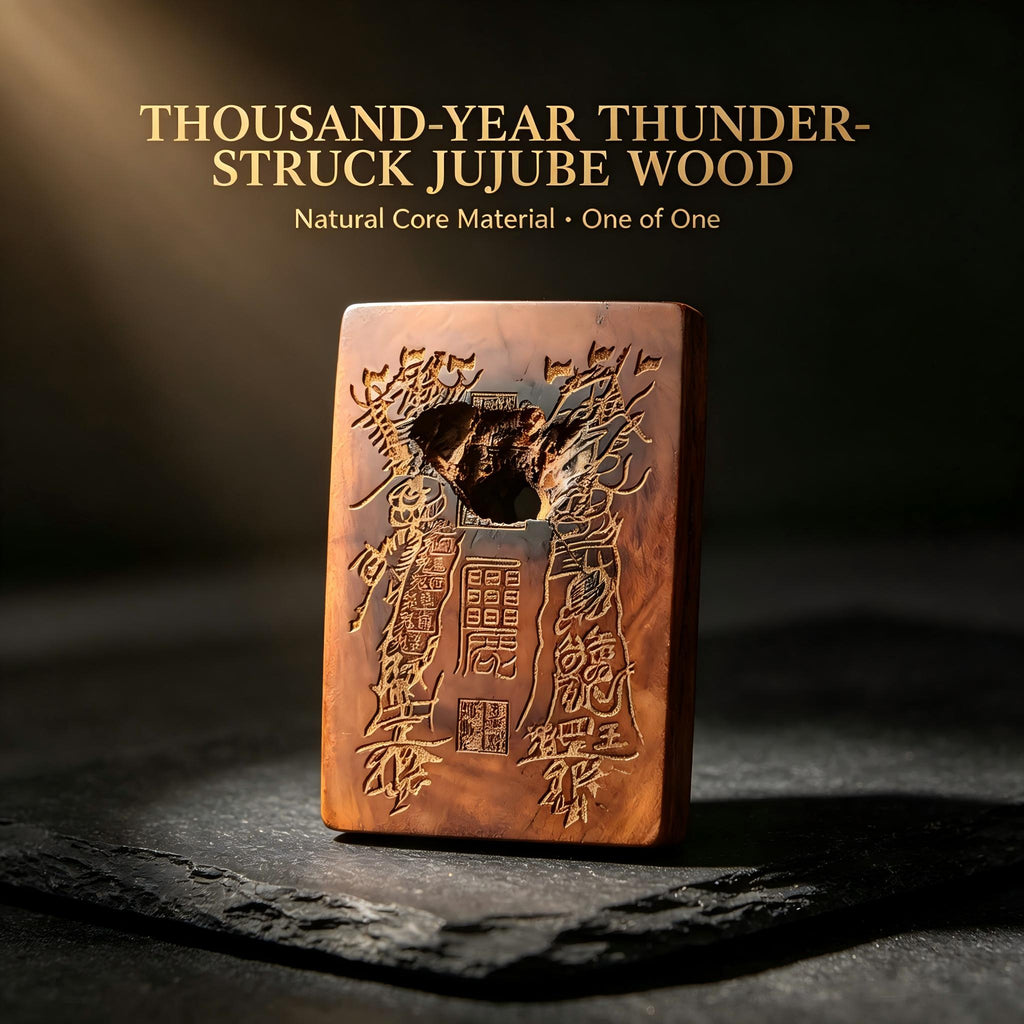 Thousand‑Year Thunder‑Struck Jujube Wood Talisman Pendant, Dual‑Sided Daoist Rune Amulet 60×40mm | FORTIDEAL