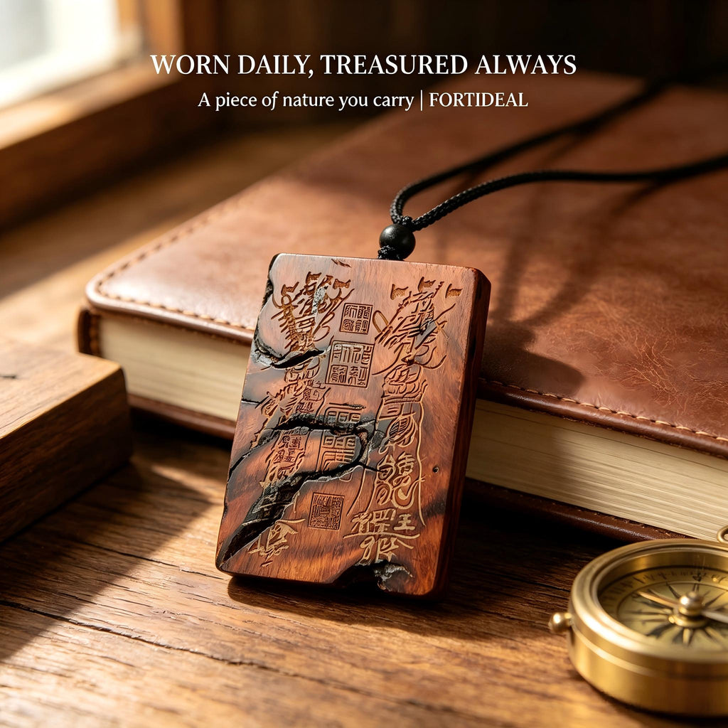Thousand‑Year Thunder‑Struck Jujube Wood Talisman Pendant, Dual‑Sided Daoist Rune Amulet 60×40mm | FORTIDEAL