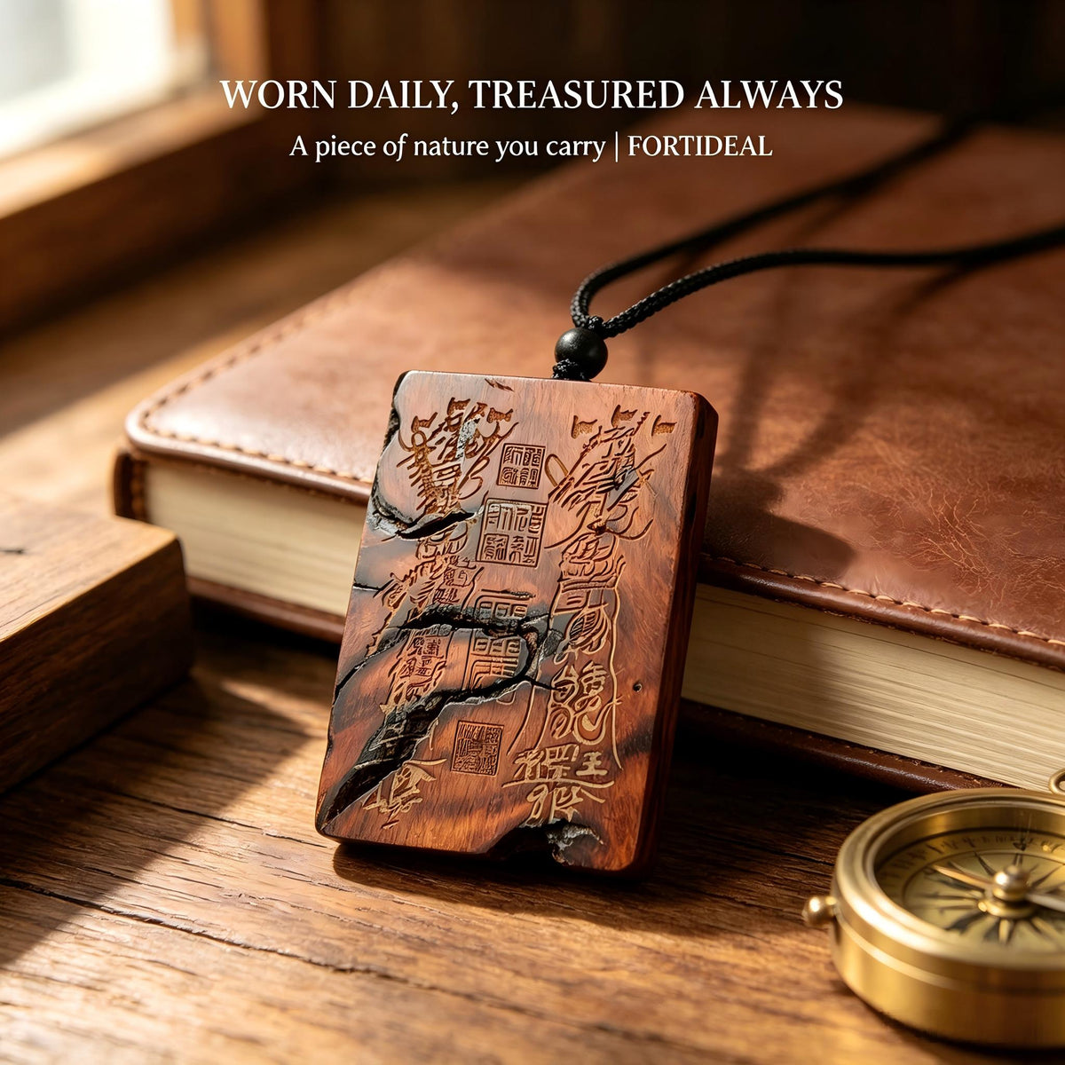 Thousand‑Year Thunder‑Struck Jujube Wood Talisman Pendant, Dual‑Sided Daoist Rune Amulet 60×40mm | FORTIDEAL