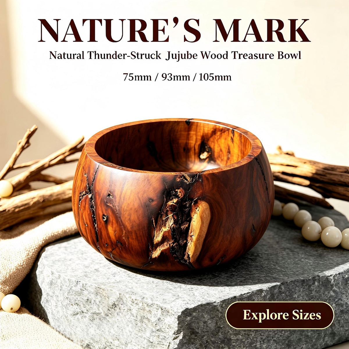 Natural Thunder‑Struck Jujube Wood Treasure Bowl｜FORTIDEAL