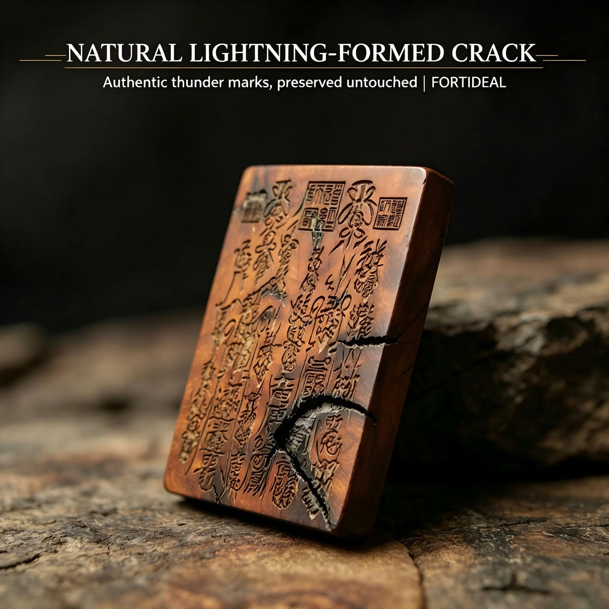Thousand‑Year Thunder‑Struck Jujube Wood Talisman Pendant, Dual‑Sided Daoist Rune Amulet 60×40mm | FORTIDEAL