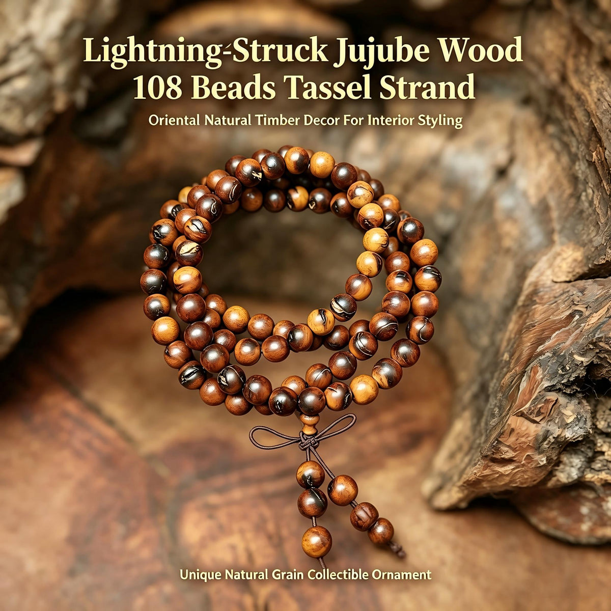 Lightning-Struck Jujube Wood 108 Beads Mala Necklace | FORTIDEAL