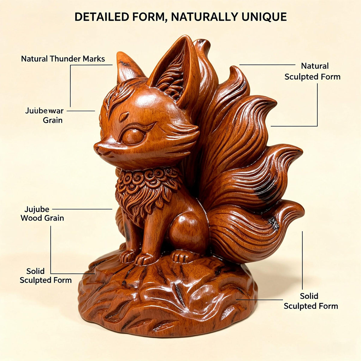 Nine-Tailed Fox Figurine in Lightning-Struck Jujube Wood | FORTIDEAL