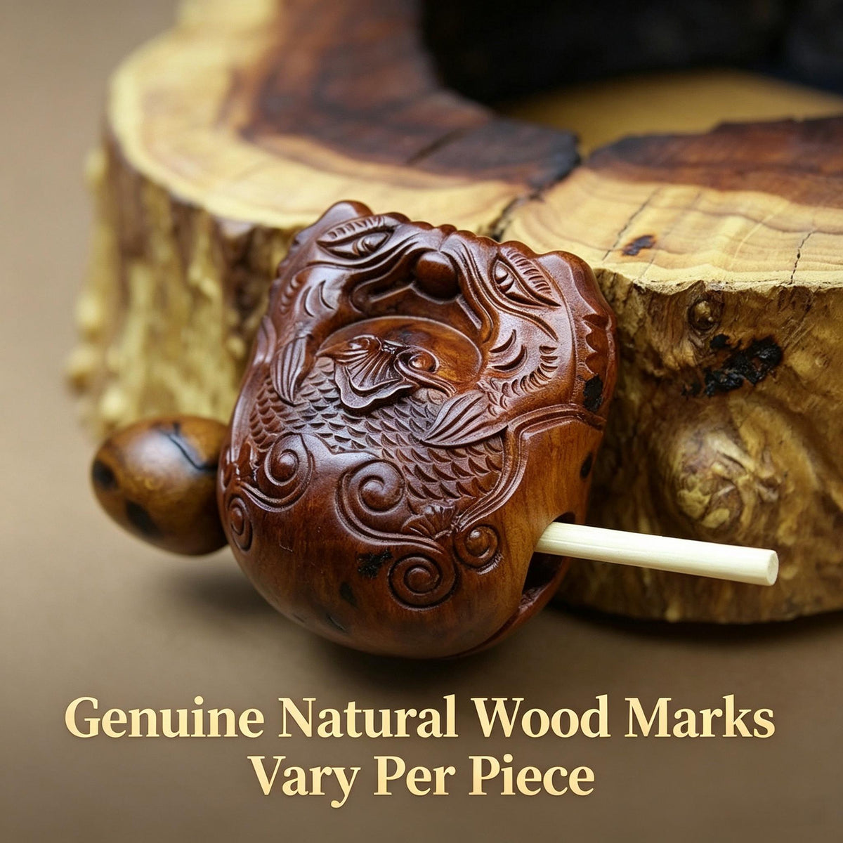 Dragon‑Fish Carved Muyu, Natural Lightning‑Struck Jujube Wood 70mm Set With Wooden Striker Stick | FORTIDEAL