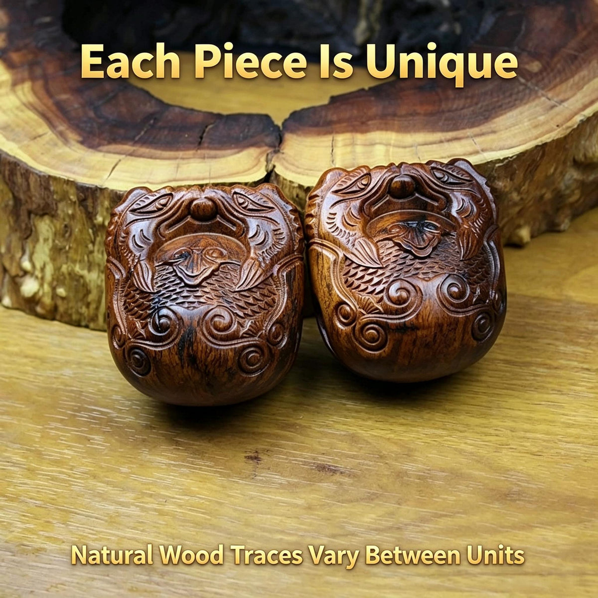 Dragon‑Fish Carved Muyu, Natural Lightning‑Struck Jujube Wood 70mm Set With Wooden Striker Stick | FORTIDEAL