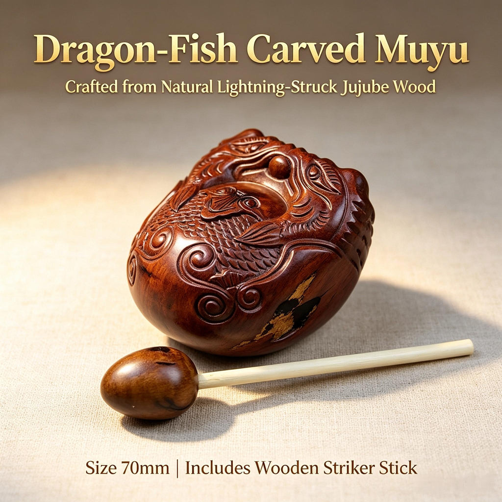 Dragon‑Fish Carved Muyu, Natural Lightning‑Struck Jujube Wood 70mm Set With Wooden Striker Stick | FORTIDEAL