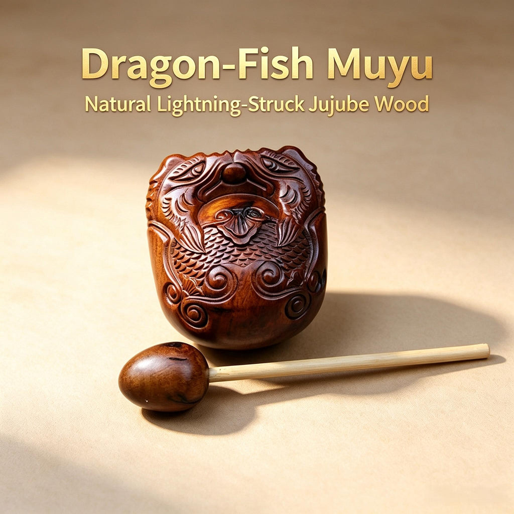 Dragon‑Fish Carved Muyu, Natural Lightning‑Struck Jujube Wood 70mm Set With Wooden Striker Stick | FORTIDEAL
