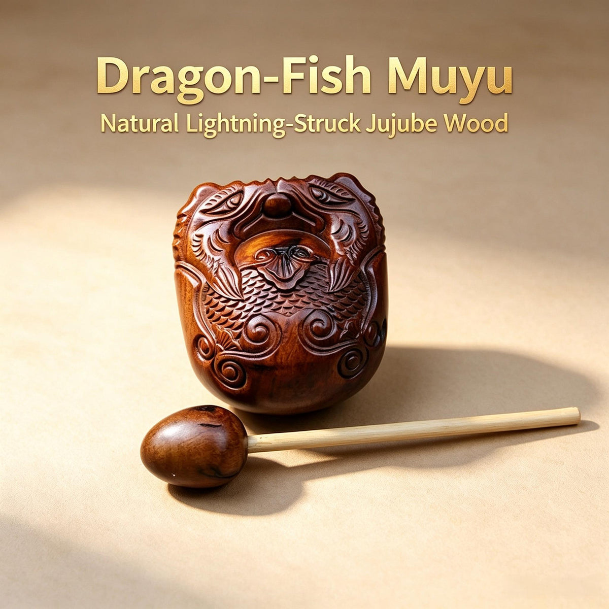 Dragon‑Fish Carved Muyu, Natural Lightning‑Struck Jujube Wood 70mm Set With Wooden Striker Stick | FORTIDEAL