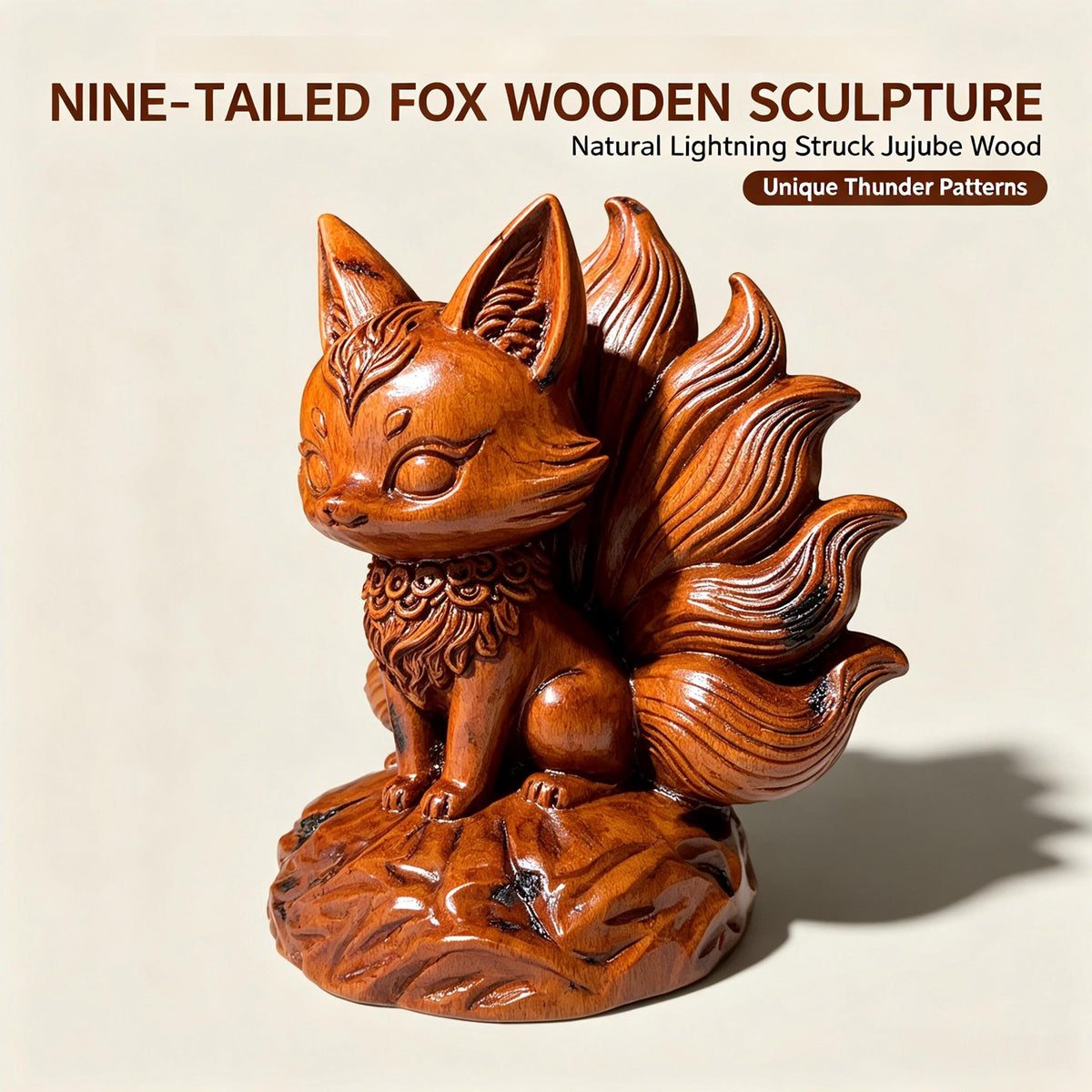Nine-Tailed Fox Figurine in Lightning-Struck Jujube Wood | FORTIDEAL