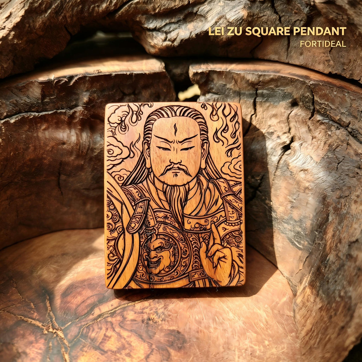 Lei Zu Square Pendant, Thunder‑Struck Jujube Wood Dual‑Sided Motif Ornament | FORTIDEAL