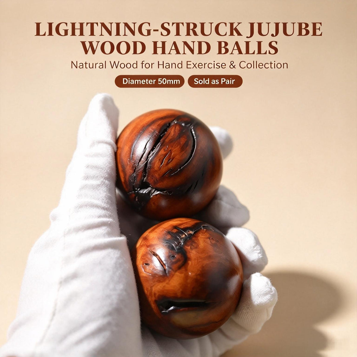 Lightning‑Struck Jujube Wood Hand Balls, 50mm Round Wooden Hand‑Rolling Exercise Balls, Sold as Pair | FORTIDEAL
