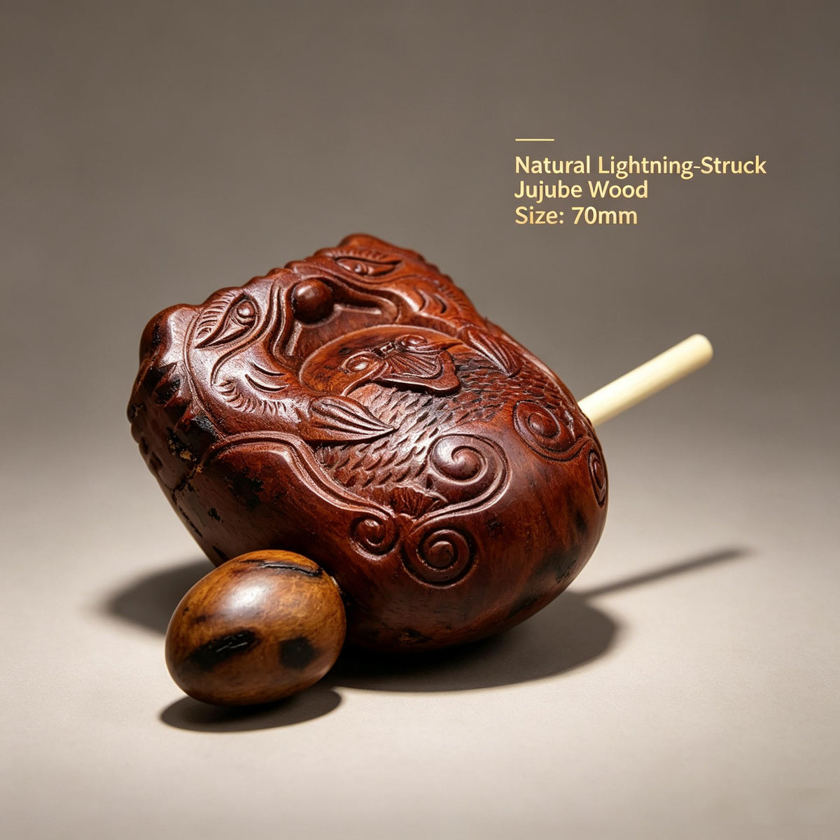 Dragon‑Fish Carved Muyu, Natural Lightning‑Struck Jujube Wood 70mm Set With Wooden Striker Stick | FORTIDEAL
