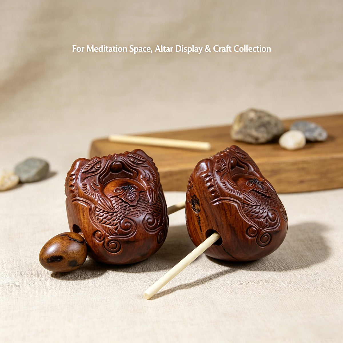 Dragon‑Fish Carved Muyu, Natural Lightning‑Struck Jujube Wood 70mm Set With Wooden Striker Stick | FORTIDEAL