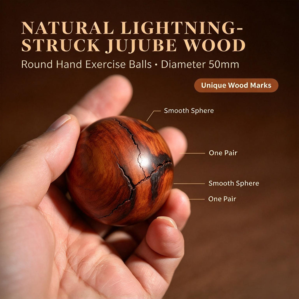 Lightning‑Struck Jujube Wood Hand Balls, 50mm Round Wooden Hand‑Rolling Exercise Balls, Sold as Pair | FORTIDEAL
