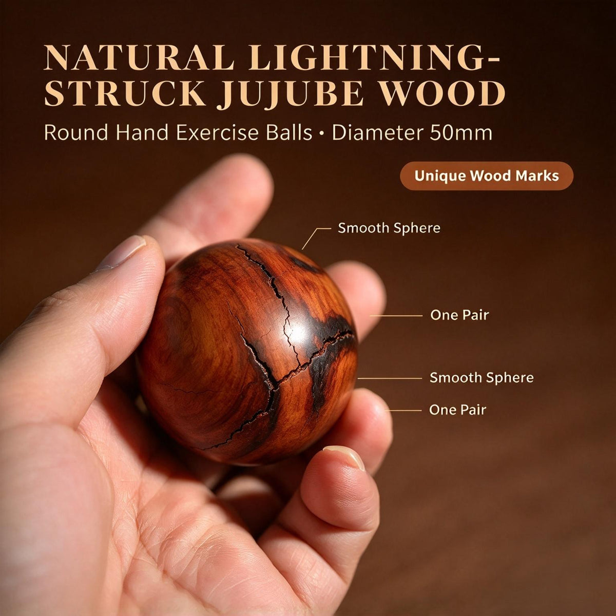 Lightning‑Struck Jujube Wood Hand Balls, 50mm Round Wooden Hand‑Rolling Exercise Balls, Sold as Pair | FORTIDEAL