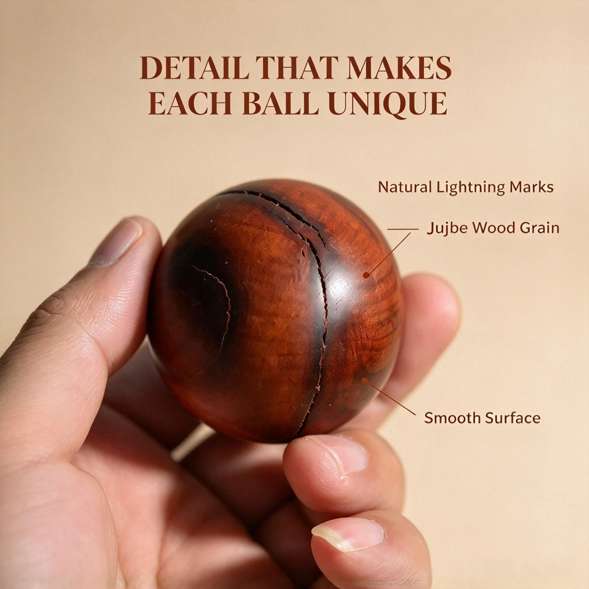 Lightning‑Struck Jujube Wood Hand Balls, 50mm Round Wooden Hand‑Rolling Exercise Balls, Sold as Pair | FORTIDEAL