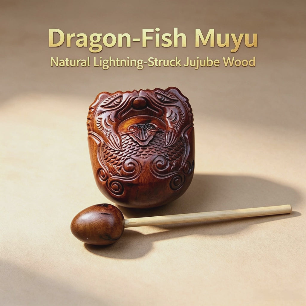 Dragon‑Fish Carved Muyu, Natural Lightning‑Struck Jujube Wood 70mm Set With Wooden Striker Stick | FORTIDEAL
