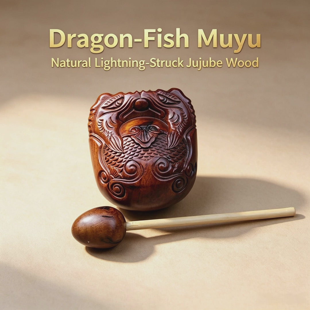 Dragon‑Fish Carved Muyu, Natural Lightning‑Struck Jujube Wood 70mm Set With Wooden Striker Stick | FORTIDEAL